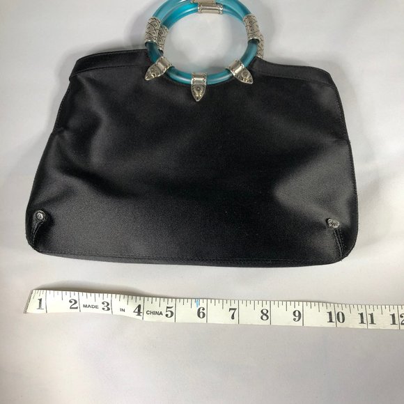 Jimmy Choo Black Satin Handbag Turquoise Handles - Picture 7 of 8